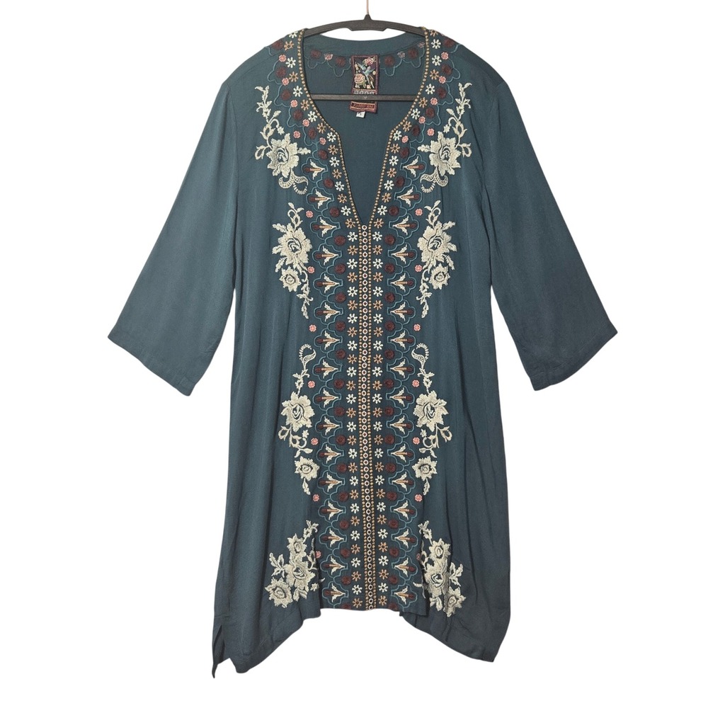 Johnny Was 3J Workshop Embroidered Tunic Dress Teal S Resort Boho Artsy Festival